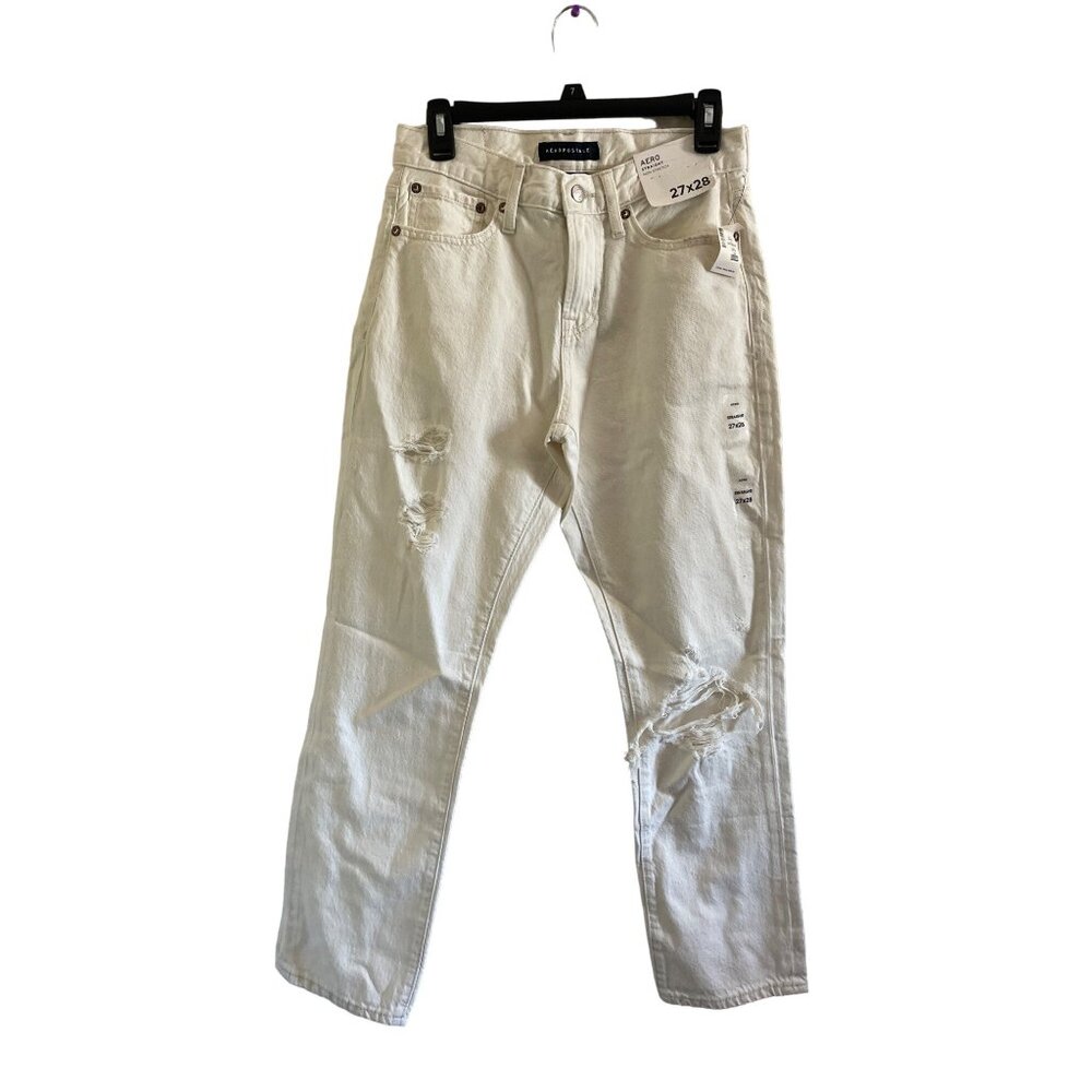 Aeropostale Womens Straight Leg Distressed Cream Jeans Non Stretch 27x28 NWT